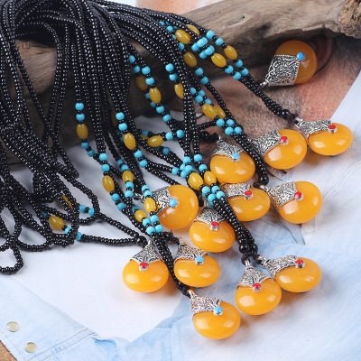 Imitation Beeswax Pendant Ethnic Style Long Beaded Sweater Chain Bingbing Same Product Ornament Hanging Necklace Stall Temple Fair Drainage