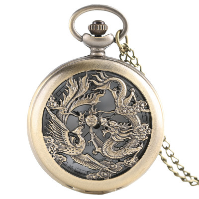 Foreign Trade Hot Sale Hollow Prosperity Brought by the Dragon and the Phoenix Bronze Antique Large Quartz Pocket Watch Men and Women Pocket Watch Factory Wholesale