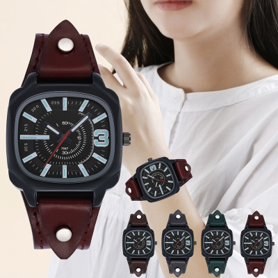 Cross-Border New Arrival Casual Fashion Cattlehide Leather Belt Watch Tik Tok Live Stream Popular Square Quartz Watch Factory in Stock