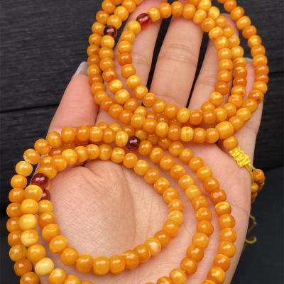 Factory Wholesale Old Honey European Return Flower Wax 108 Old Buddha Beads Wax Mellow Beeswax Multi-Circle Jewelry Necklace