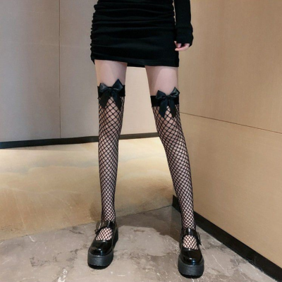 Sexy anti-slip fishnet stockings over knee socks with bowknot