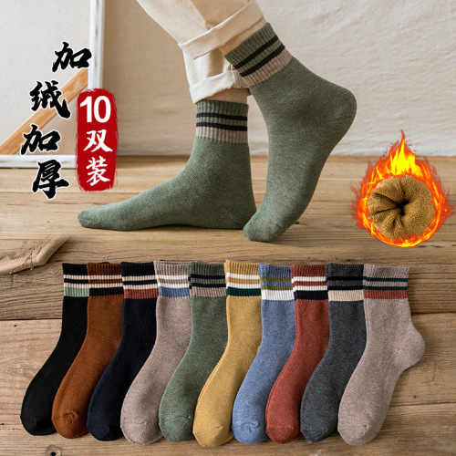 socks men‘s autumn and winter thickened terry socks men‘s two-bar retro fleece-lined mid-calf socks warm towel socks wholesale