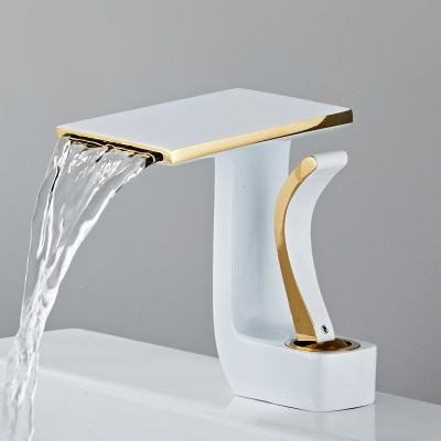 Faucet Personality Characteristic Brass Hot and Cold White Golden Edge Large Flow Wide Mouth Square Waterfall Faucet
