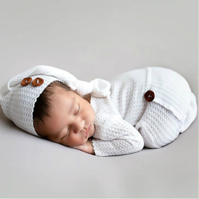 European and American Newborn Photography Clothing Knitted Jumpsuit Long Tail Hat Two-Piece Long Sleeve Foot-Wrapped Button Romper Romper