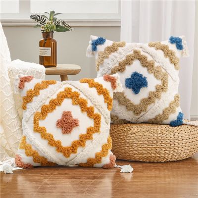 Bohemian Decoration Pillow Cover Geometric Pattern Color Tufted Tassel Lumbar Support Pillow B & B Bed Cushion for Leaning on Couch Pillow