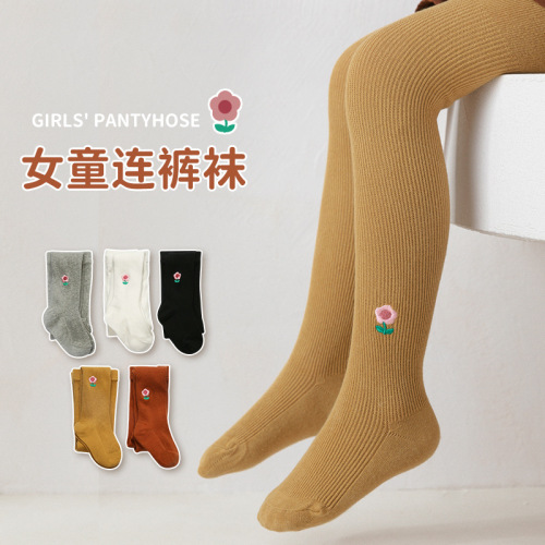 22 autumn new korean style children‘s cotton pantyhose embroidered small flower knitted girls‘ leggings multi-color children‘s pantyhose