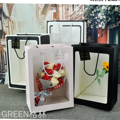 Window Flower Handbag Transparent Window Bouquet Gift Bag White Card Gift Bag
