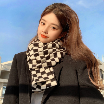 2022 Black and White Chessboard Plaid Scarf Net Red Plaid Women's Autumn and Winter Korean Style Versatile Knitted Warm Scarf for Students