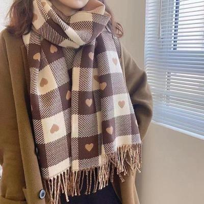 Autumn And Winter New Love Plaid Artificial Cashmere Scarf Korean Style Thick Warm Student Scarf Long Tassel Shawl