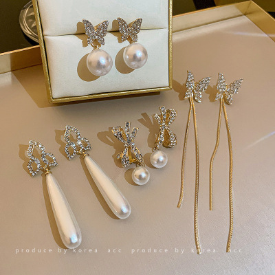 Silver Stud Rhinestone-Encrusted Pearl Tassel Bow Earrings Korean Fashion Retro Temperamental Earrings All-Match Special-Interest Earrings Women
