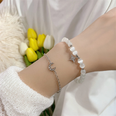 Simple Double-Layer Two-Piece Set Star Moon Opal Bracelet Female Niche Design Light Luxury Student Girlfriends Bracelet Bracelet