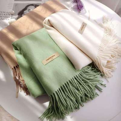 2022 New Monochrome Wool Ladies Tassel Shawl with Sky Logo Autumn and Winter Thickened Solid Color Artificial Cashmere Scarf