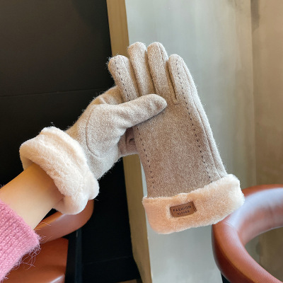 Cashmere Gloves Winter Women's Ins Cute Driving Cycling Warm-Keeping and Cold-Proof Fleece-Lined Windproof Autumn and Winter Overcoat Gloves