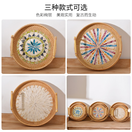 japanese style rattan hand-woven creative color shell picnic fruit plate decoration decoration simple round handle tray