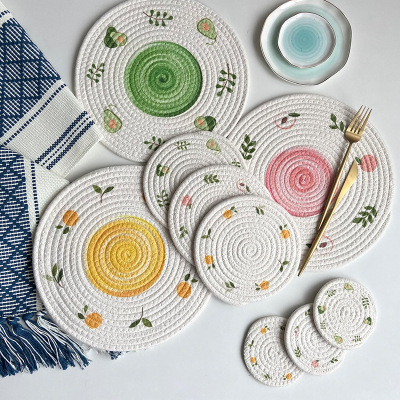 Ins Wind Insulation Potholder Woven Cotton String Placemat Creative Printing Coaster round Household Bowl Placemat Shooting Mat