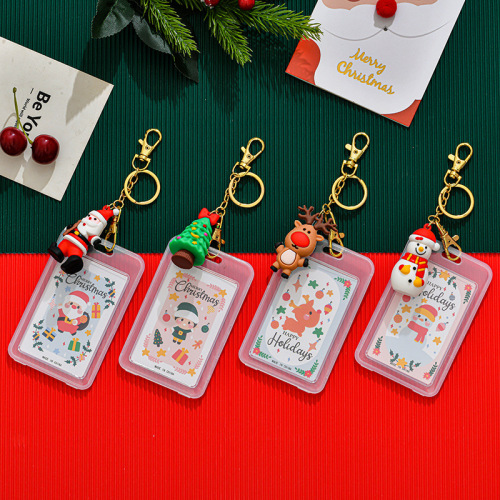 Cross-Border Golden Christmas Silicone Card Cover Waterproof Double-Sided Transparent Student ID Card Cartoon Keychain Campus Card Cover 