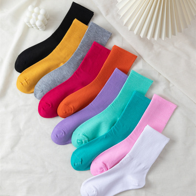 Women's Long Socks Autumn and Winter Sports All-Match Solid Color Striped Minimalist Breathable Korean Cotton Socks Wholesale Delivery