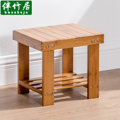 Small Bench Solid Wood Stool Idyllic and Creative Bamboo Stool Children's Shoe Changing Stool Square Stool Footstool Household Laundry Stool Adult Bamboo