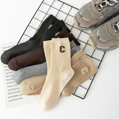 Women's Socks Autumn and Winter New Solid Color Letter Stripes Cotton Socks Korean Couple Casual Tube Socks Factory Wholesale