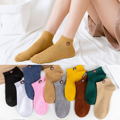 10-Color Bear Socks Ten-Color Women's Boat Socks Bear Solid Color Women's Cotton Socks Spring and Summer Student Sweat Absorbing Sports Socks