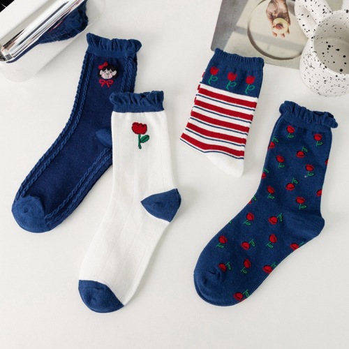 japanese new blue flower socks female bubble mouth lace small red flower cotton mid-calf women‘s socks pile socks