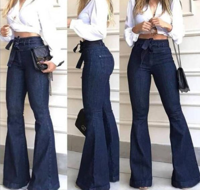 Popular European and American Foreign Trade Cross-Border High Waist Micro Elastic Lace-up Bell-Bottom Pants Wide Leg Pants Women's Jeans