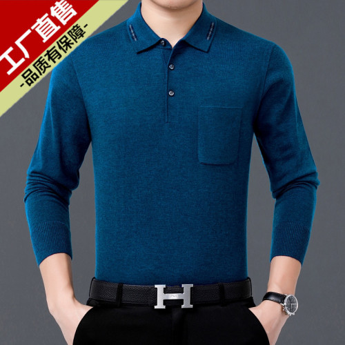 brand long-sleeved t-shirt men‘s middle-aged and elderly lapel thin middle-aged dad wear real pocket cashmere bottoming shirt men‘s t-shirt