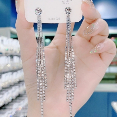 Sterling Silver Needle Korean Fashion New Long Diamond-Studded Tassel Earrings Graceful Online Influencer Personality Wild Earrings Female Fashion