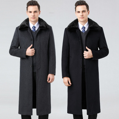 Big Fur Collar Fleece Lined Middle-Aged and Elderly Men's Cashmere Wool Overcoat Mid-Length Wool Woolen Trench Coat Men