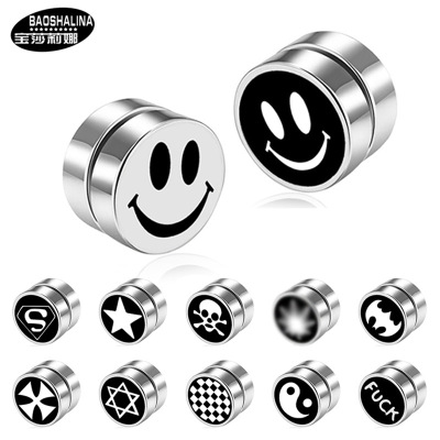 Cross-Border Non-Allergic Titanium Steel Barbell Men's Magnet Ear Studs Fashion Dumbbell Earrings Black Street Earrings