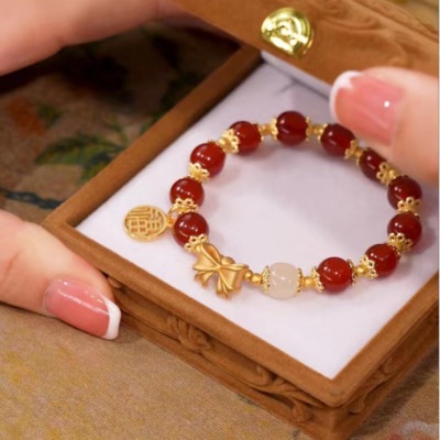 Recommended [Meng Die] Natural Red Agate Bow Bracelet Female Summer Couple Jewelry Chinese Valentine's Day Gift for Girlfriend