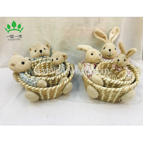 foreign trade factory direct sales floral cartoon bear hug storage basket handmade aquatic plants weaved storage basket three-piece set