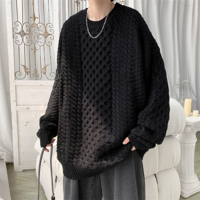Cable-Knit Sweater Men's Autumn and Winter round Neck Fashion Brand Loose Ins Knitwear Trendy American Solid Color Sweater Coat Men
