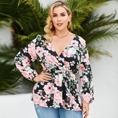 Amazon European and American Style Cross-Border Foreign Trade plus Size Women's Clothing 2022 New Product Best-Selling Loose Printed Long Sleeve Shirt