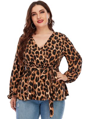 AliExpress European and American Style Cross-Border Foreign Trade plus Size Women's Clothing 2022 New Product Best-Selling Loose Leopard-Print Long-Sleeved Shirt