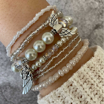 European and American New Product Best-Selling Love Pearl Wings Bracelet Set Rice-Shaped Beads Stringed Beads Women's 7-Layer Bracelet