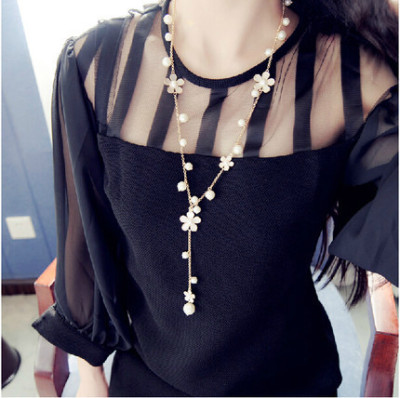 C048 Korean Style Five Faces Small Flower Sweater Chain Long Pearl Tassel Five-Leaf Flower Necklace Fashion Ornament Women