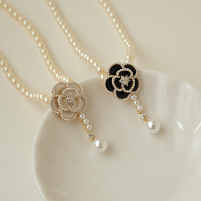 C208 Camellia Necklace Light Luxury Minority Pearl Necklace Women's Summer Fresh Sweet Flowers Clavicle Chain New