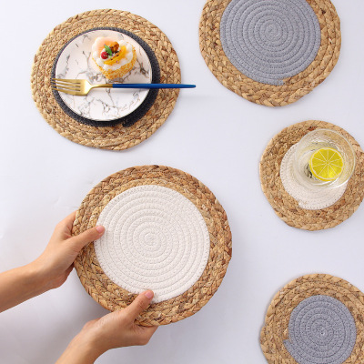 Japanese-Style Straw Cotton Cord Double-Piece Placemat Durable Heat Proof Mat Hand-Woven Placemat Potholder Kitchen Dining Table Cushion