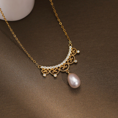 S925 Sterling Silver Necklace Japanese Style Mild Luxury Special-Interest Design Clavicle Chain Vintage Court Style Lace Pearl Necklace for Women