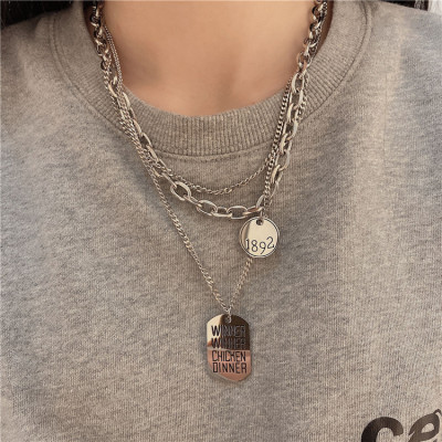 Special-Interest Design Multi-Layer Twin round Brand Square Plate Necklace Cold Wind Hip-Hop Fashionable Brand Sweater Chain Sweater Necklace Titanium Steel