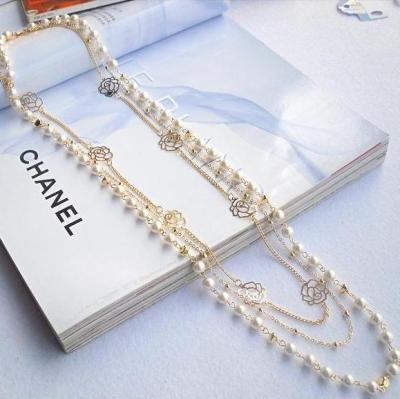 Korean Style Long Sweater Chain Ornaments Flower Multi-Layer Pearl Necklace Rose Women's Clothes Accessories Long Necklace C051