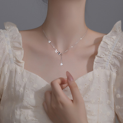 Difeng S999 Sterling Silver Butterfly Tassel Necklace Female Ins Small Flower Necklace Light Luxury Minority Clavicle Chain Qixi Gift