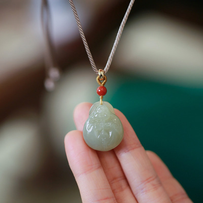 Natural Hetian Jade Hug Buddha Pendant Necklace Couple's Jade Pendant Carved Braid Rope Wholesale