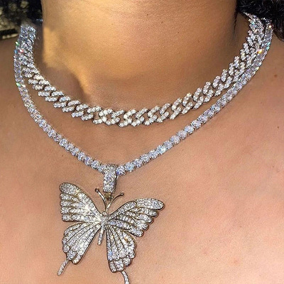 Cross-Border Cuban Double-Layer Big Bowknot Necklace Exaggerated Personalized Full Diamond Thick Chain Necklace Ins Internet Influencer Accessories