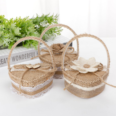 Valentine 'S Day Gift Heart-Shaped Ring Box Creative Wedding Flower Girl Portable Ring Setting Box Burlap Bow Flower Basket