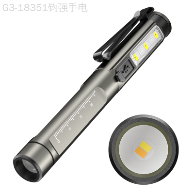 Cross-Border Led White Light + Yellow Light Pen Light Built-in TYPE-C Charging Belt Pen Holder Small Portable UV Purple Light Flashlight