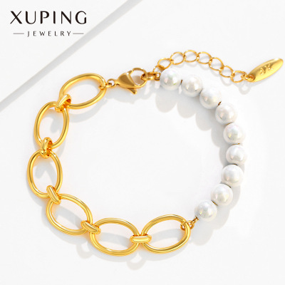 Xuping Jewelry Wholesale European and American Style Imitation Pearl Bracelet Stitching Chain Alloy Gold Plated Fashion Personalized Bracelet Girls