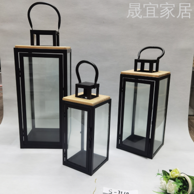 In Stock Wholesale European-Style Outdoor Wedding Floor-Standing Home Decoration Storm Lantern Candlestick Glass Wrought Iron Wood S-7110