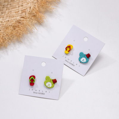 Sterling Silver Needle Summer Colorful Bear Head Small Slippers Ear Studs Funny Funny Cute Girl Student Earrings